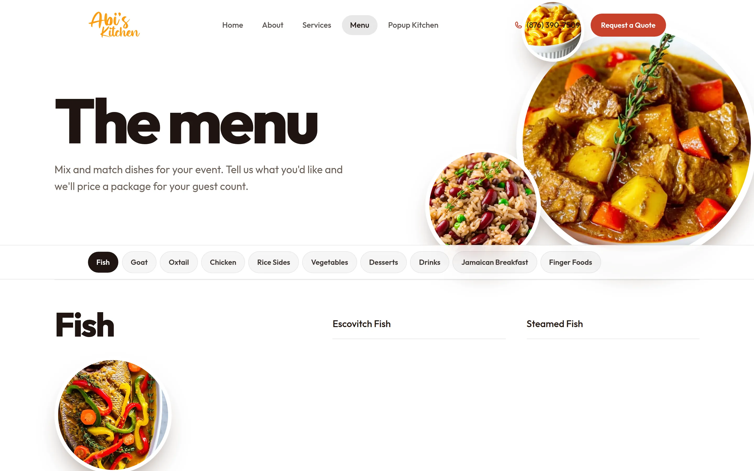 The catering menu page